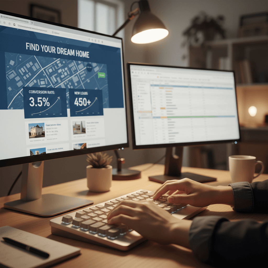 Hands typing on a keyboard while reviewing conversion metrics on a monitor