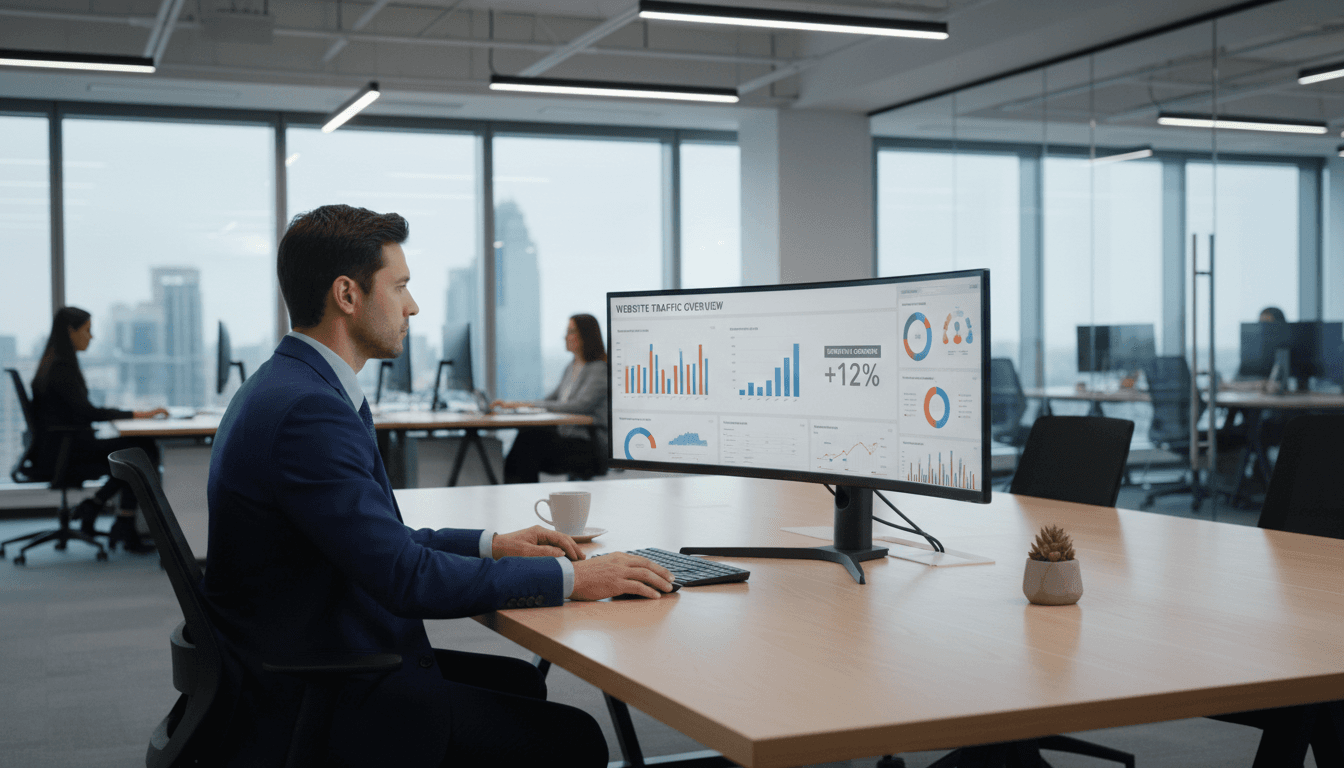 Professional analyst reviewing website metrics on desktop monitor in modern office