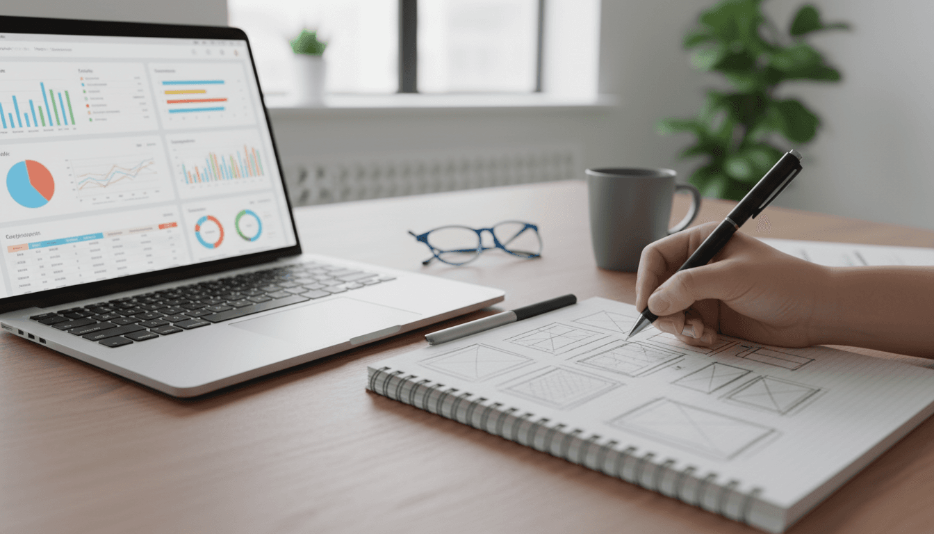 Web designer sketching wireframes on notepad next to laptop with analytics dashboards