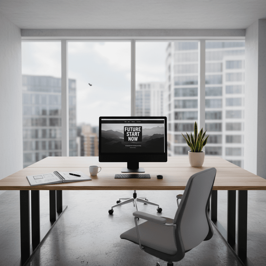 Minimalist office workspace with a computer showing a landing page design and wireframe sketches