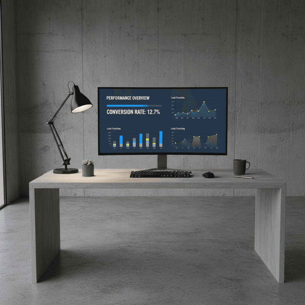 Analytics dashboard showing lead conversion data in a modern workspace