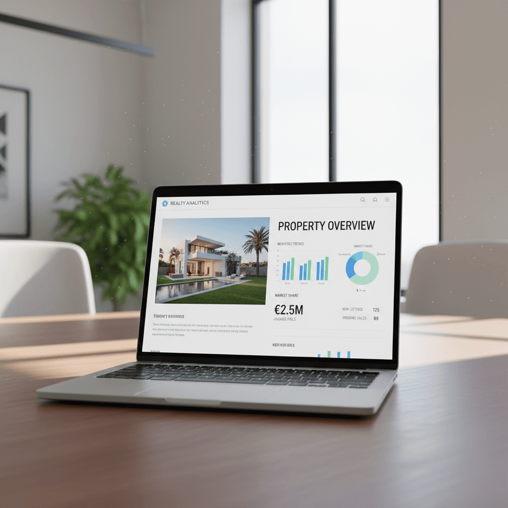 Laptop screen showing a property listing website and analytics dashboard in a bright office