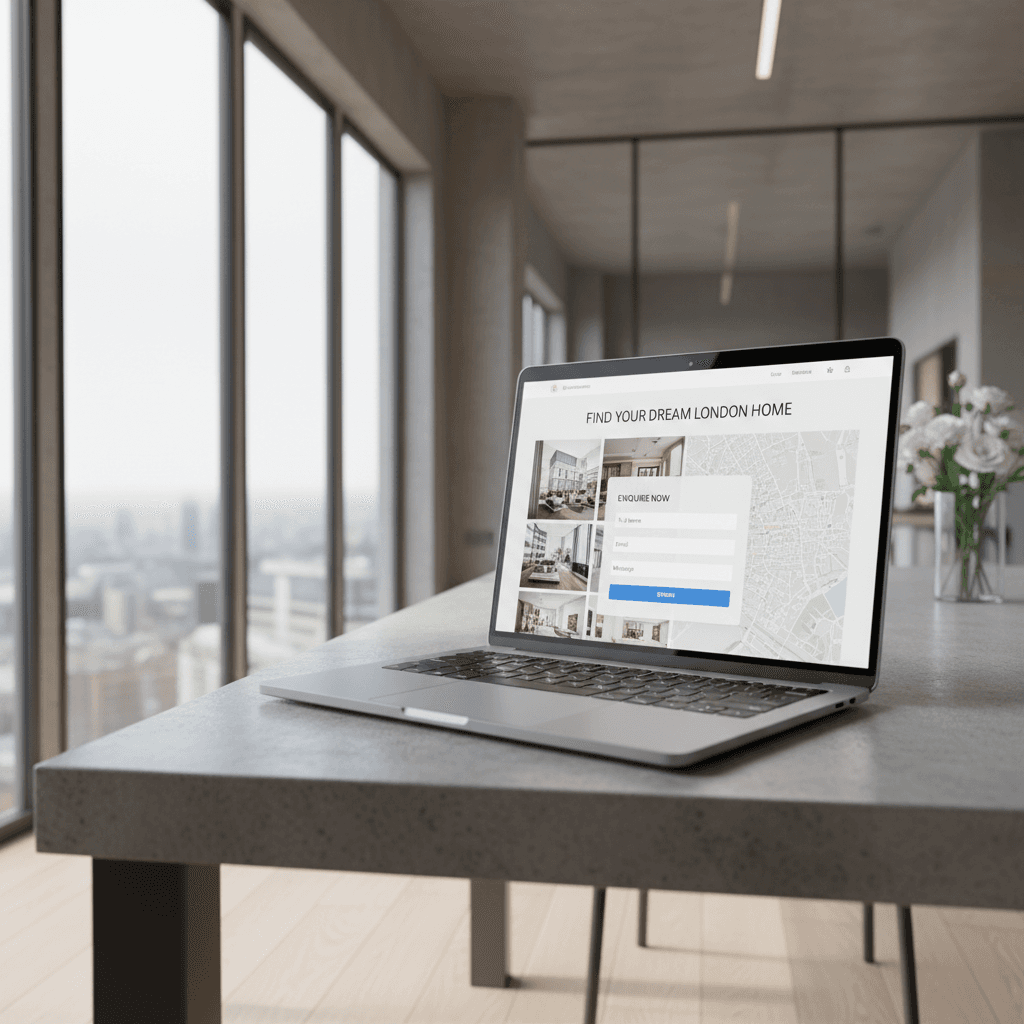 Laptop showing a real estate landing page in a bright London apartment