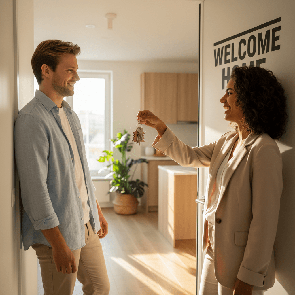 Real estate agent handing keys to a couple in a bright apartment