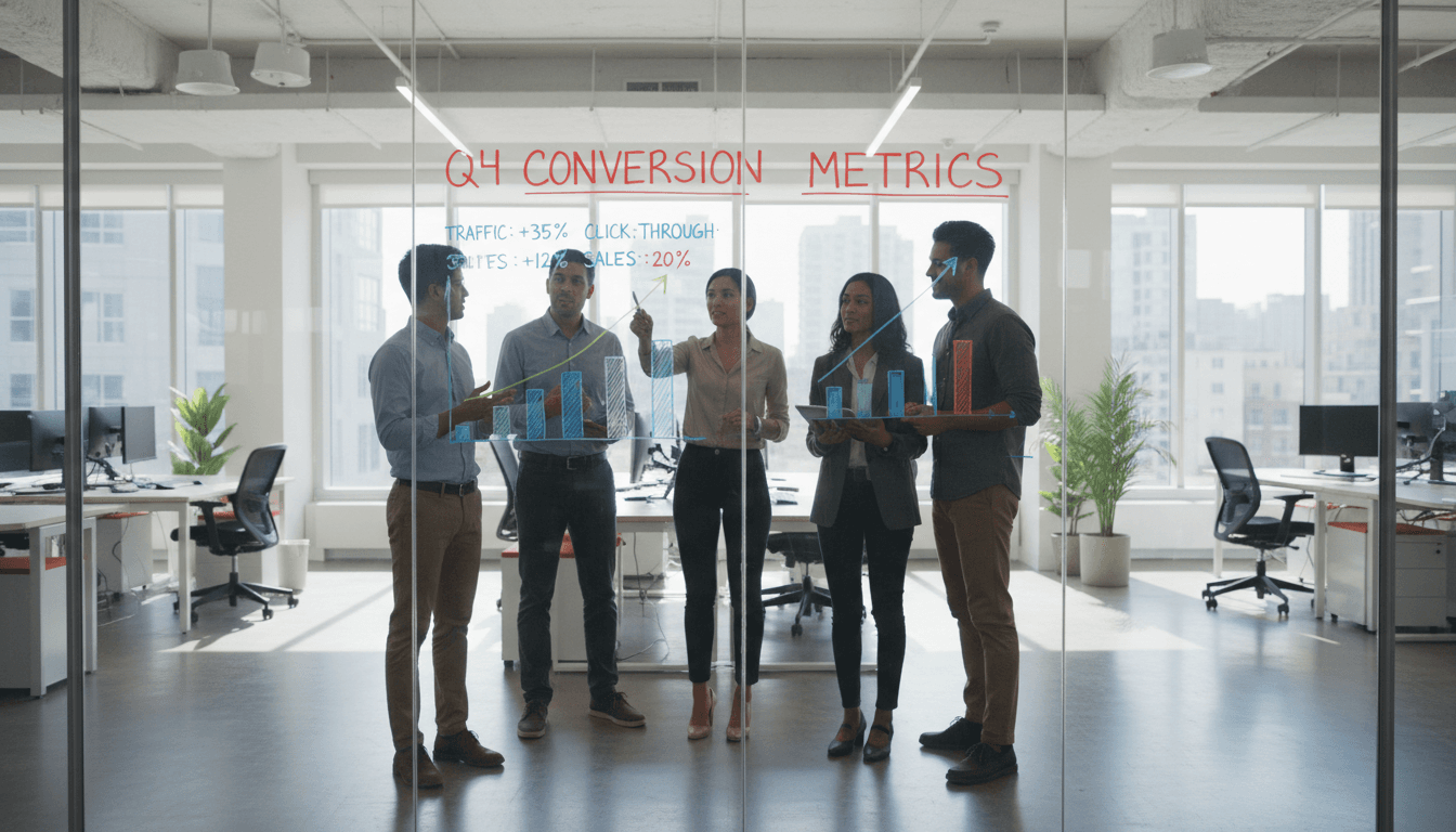 Marketing team reviewing conversion charts on glass wall in bright office