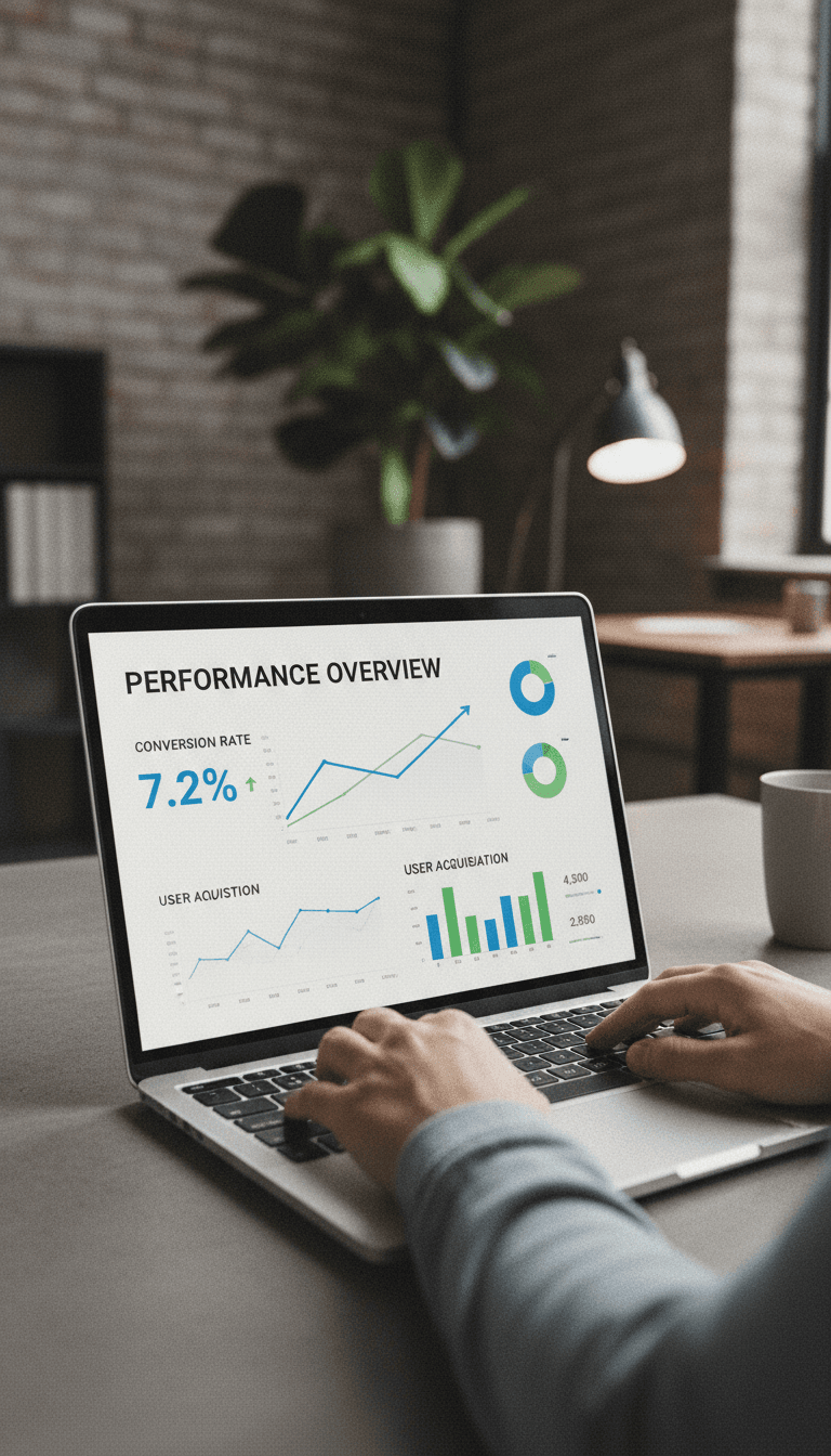Analytics dashboard showing landing page conversion data on a laptop screen