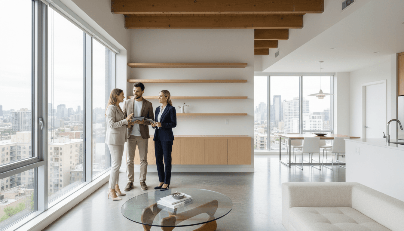 Buyer viewing townhouse with real estate agent in bright modern interior