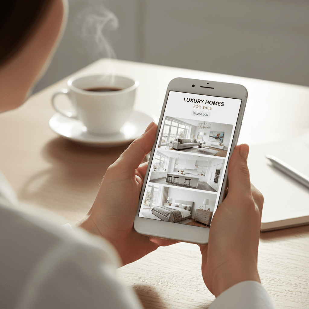 Close-up of hands holding a smartphone showing a property listing website