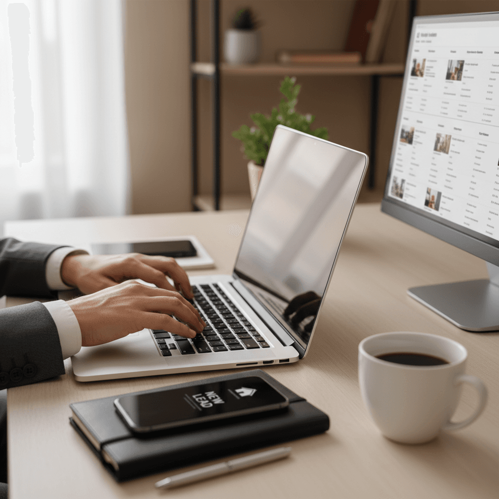 Real estate professional reviewing property performance data on a laptop in a bright office