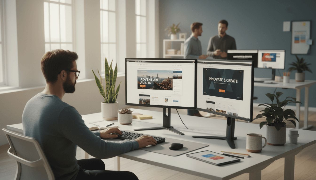 Designer reviewing a landing page layout on a large monitor in a bright modern studio