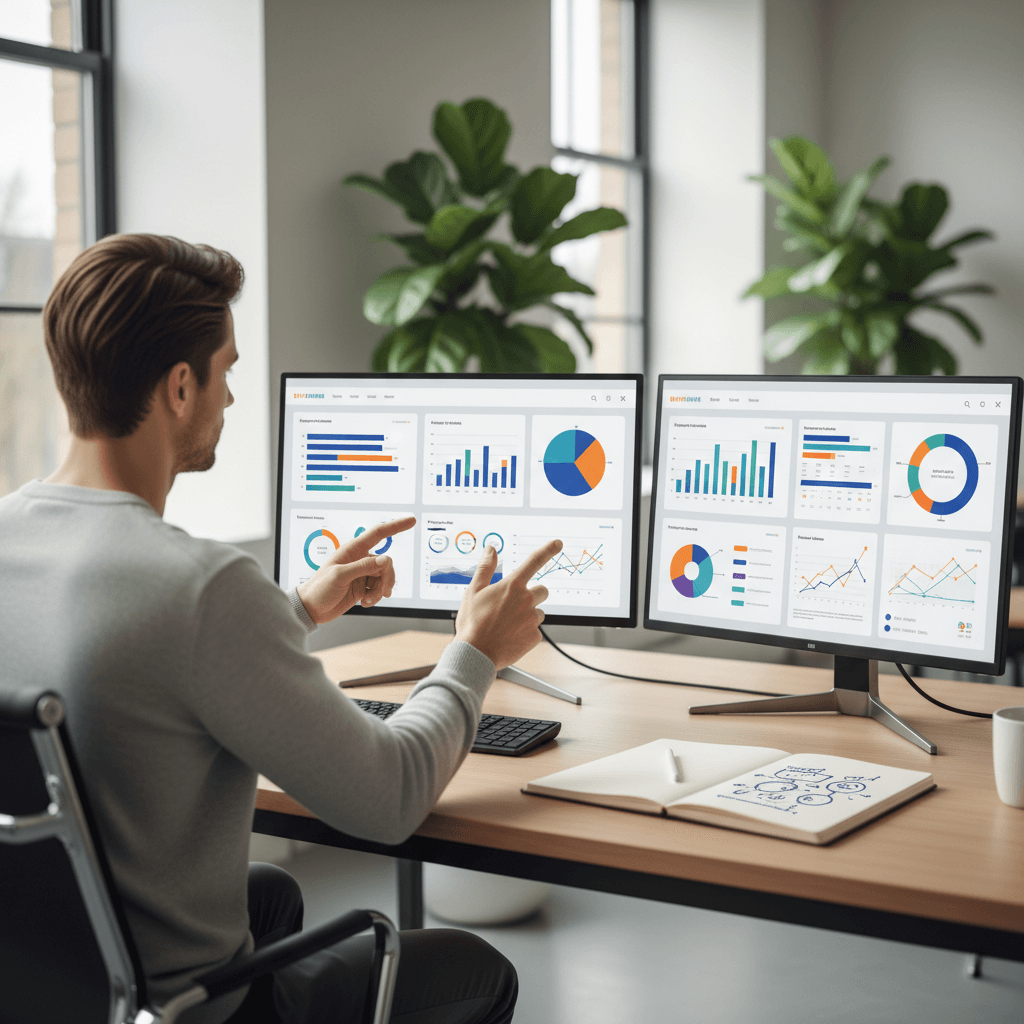 Professional analyzing conversion charts and growth graphs on dual monitors in a modern office