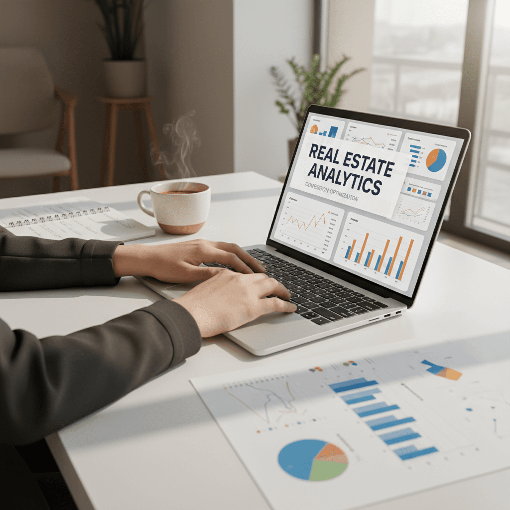 Real estate professional analyzing website data on a laptop in a modern office