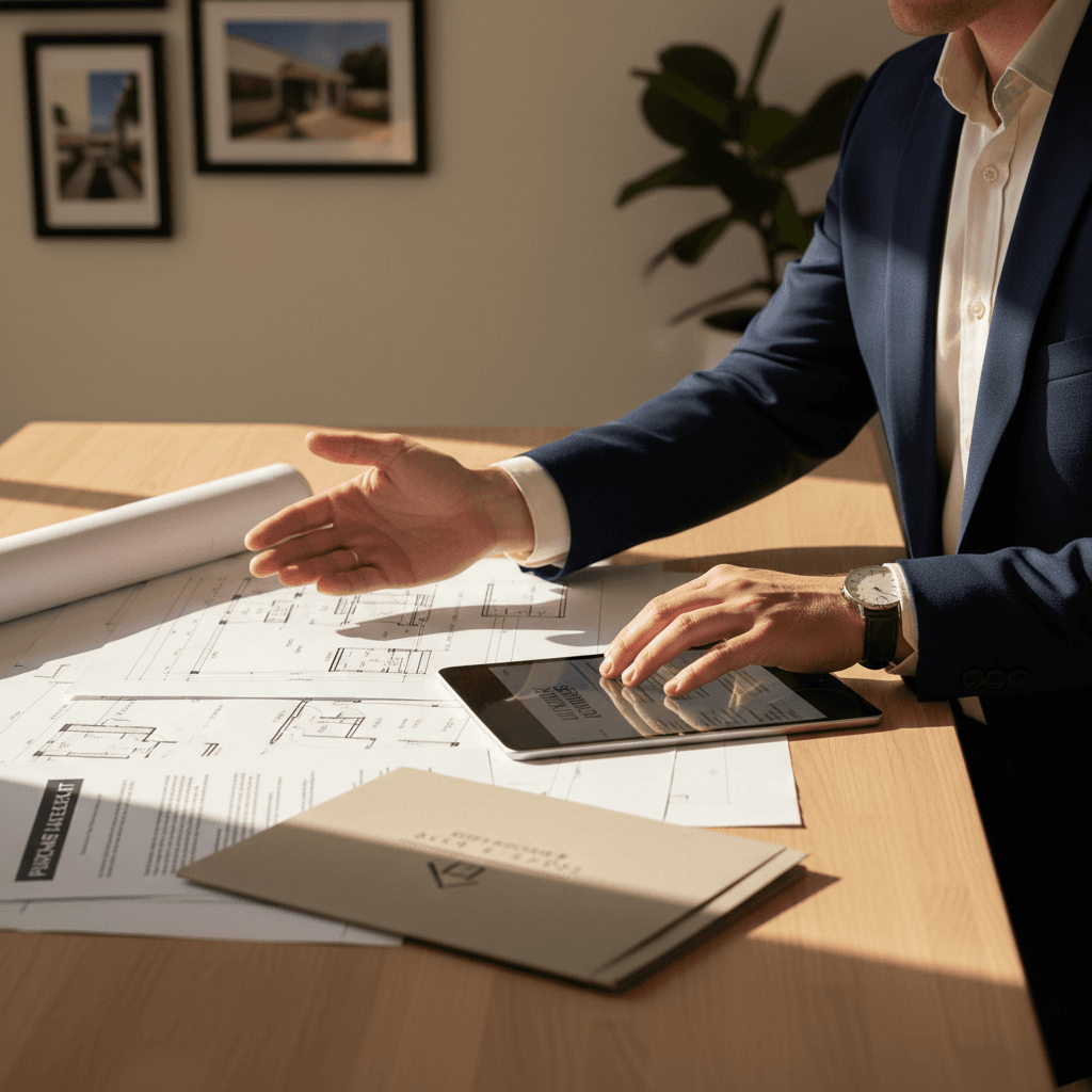 Real estate professional presenting a floor plan document to a client in a bright contemporary space