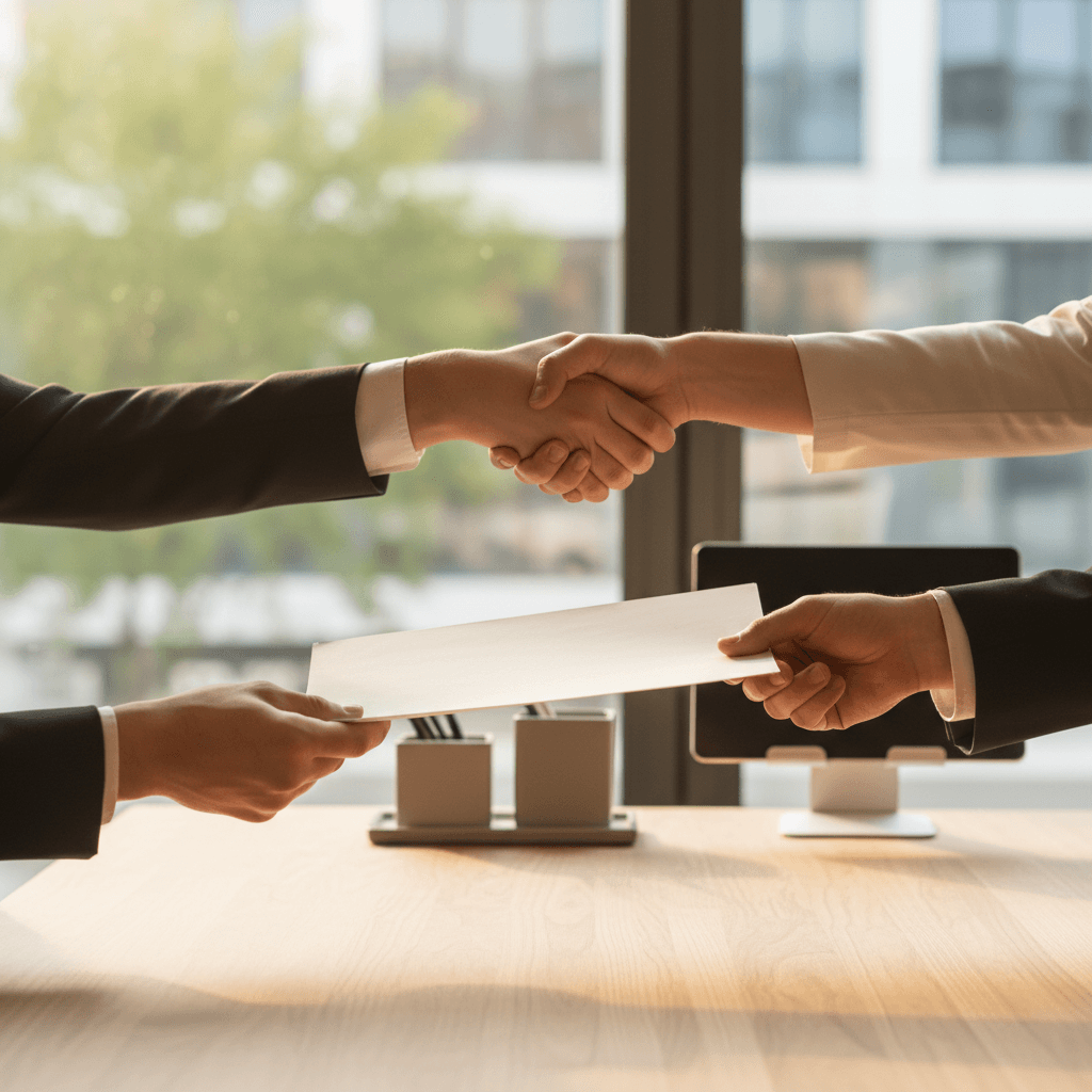 Close-up of professional hands shaking or exchanging documents across minimalist desk in modern office setting