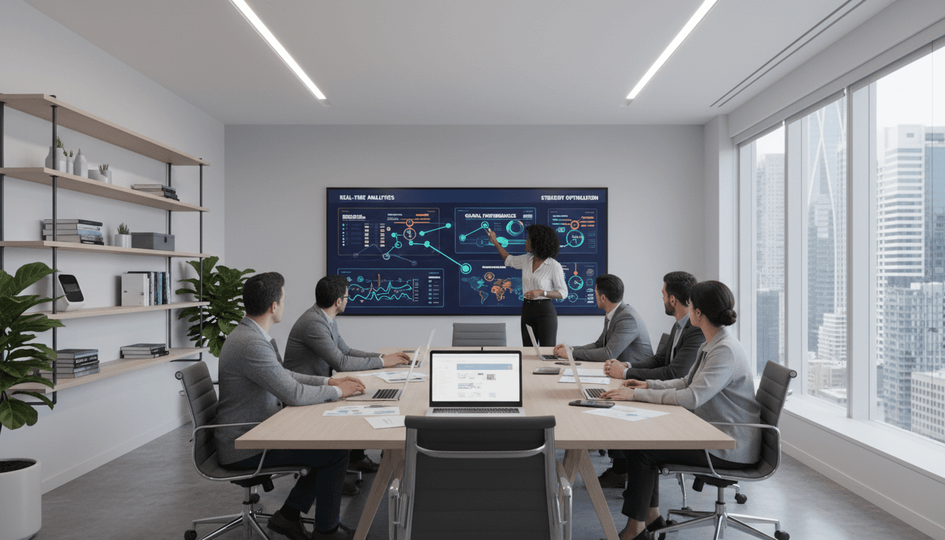 Consultant reviewing conversion data with a client in a bright modern office